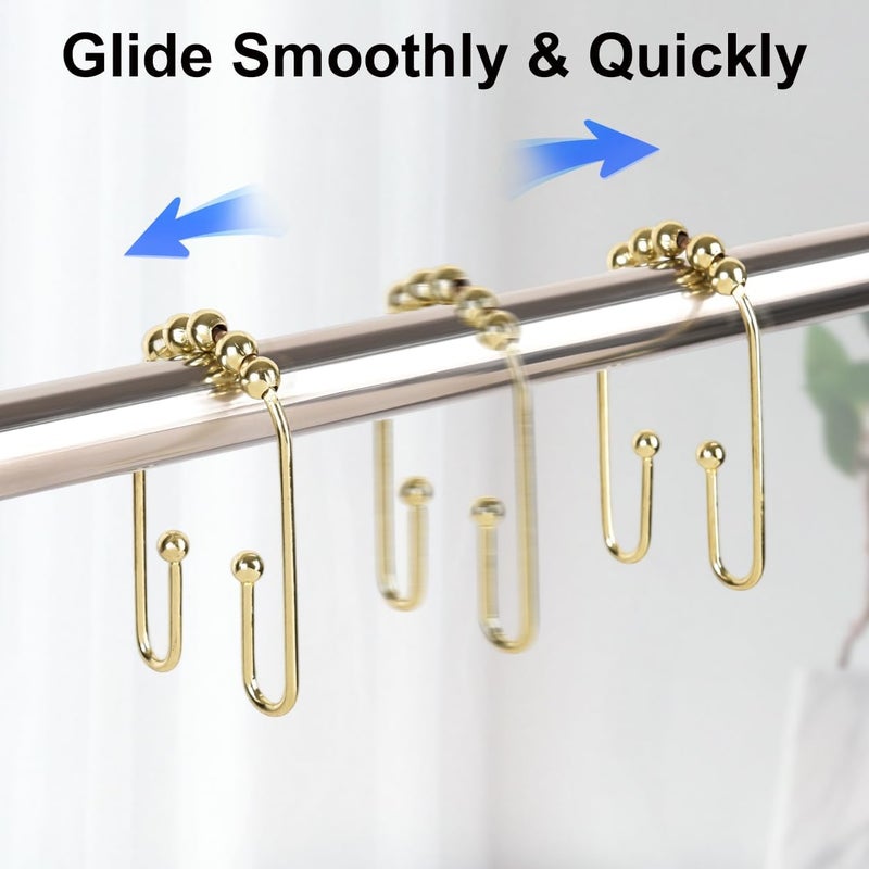Resze U Shaped Shower Curtain Hooks Rings,12 Pcs Durable Rust Resistant Metal Shower Hooks, Double Glide Smoothly Anti-Drop Shower Rings for Shower Curtain Rod,Golden - Image 4
